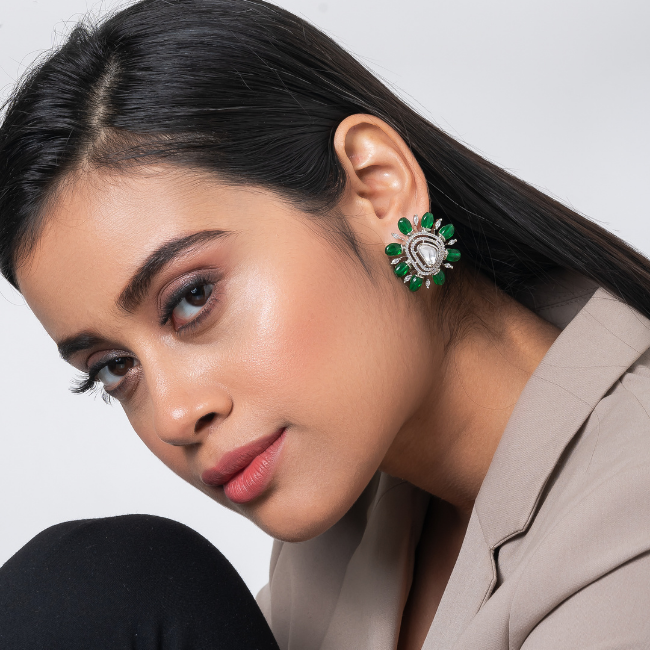 Silver Plated Green Color Stone Kundan Floral Earring