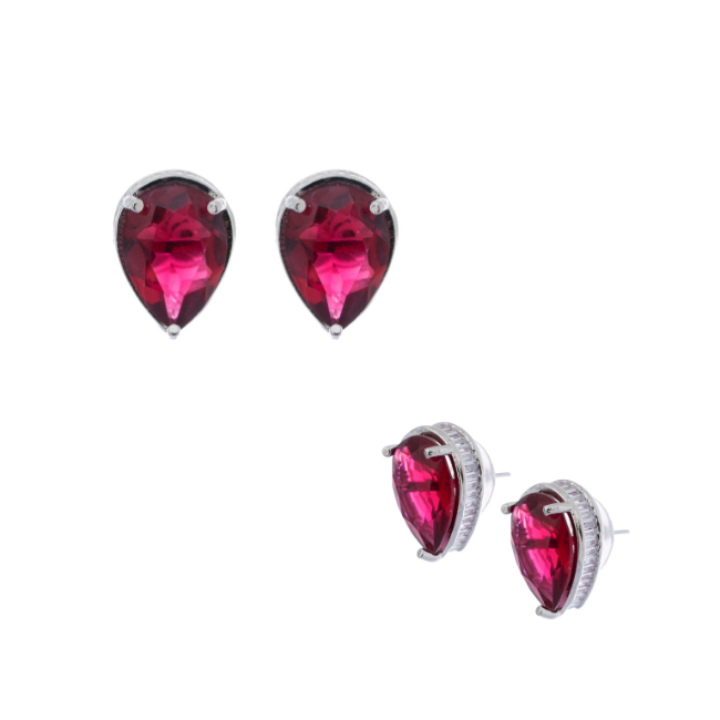 Rhodium-Plated American Diamond Leaf Shaped Studs Earrings- Red