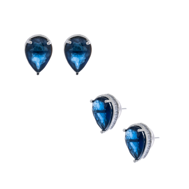 Rhodium-Plated American Diamond Leaf Shaped Studs Earrings- Blue