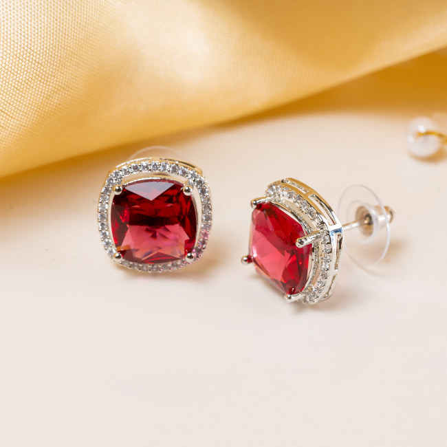 Red Square American Diamond Stud Earring