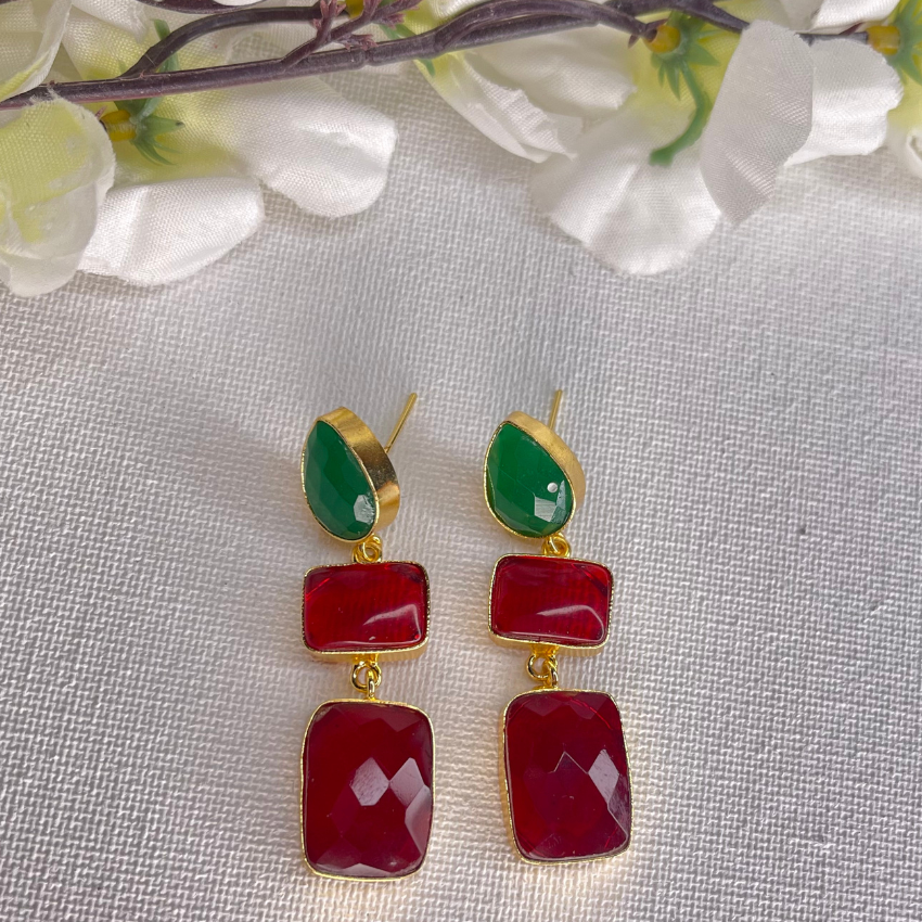 Gold Plated Crystal Handmade Earrings- Red & Green