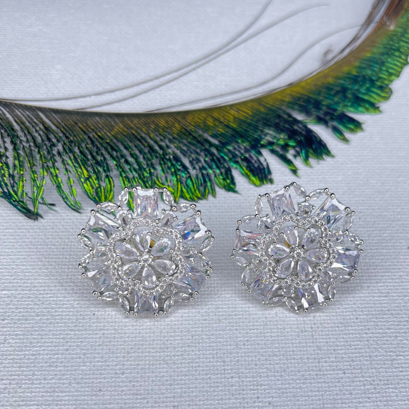 Cubic Zirconia| American Diamond Floral Style Stud Earrings