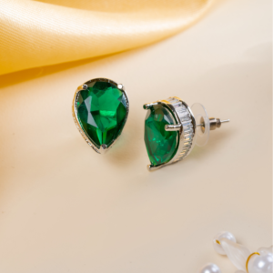 Rhodium-Plated American Diamond Leaf Shaped Studs Earrings- Green