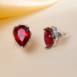 Rhodium-Plated American Diamond Leaf Shaped Studs Earrings- Red