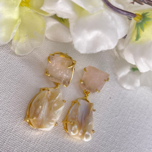 Uneven Shape Gemstone | Baroque Pearl & Blush Pink Agate Druzy Gold Plated Dangle Statement Earrings (Copy)