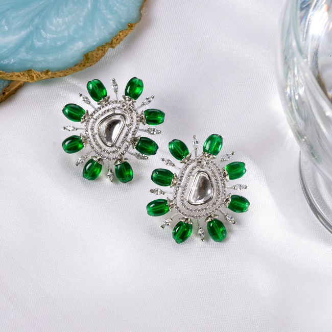 Silver Plated Green Color Stone Kundan Floral Earring