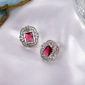 Trendy Vintage Square American Diamond Earring- Red