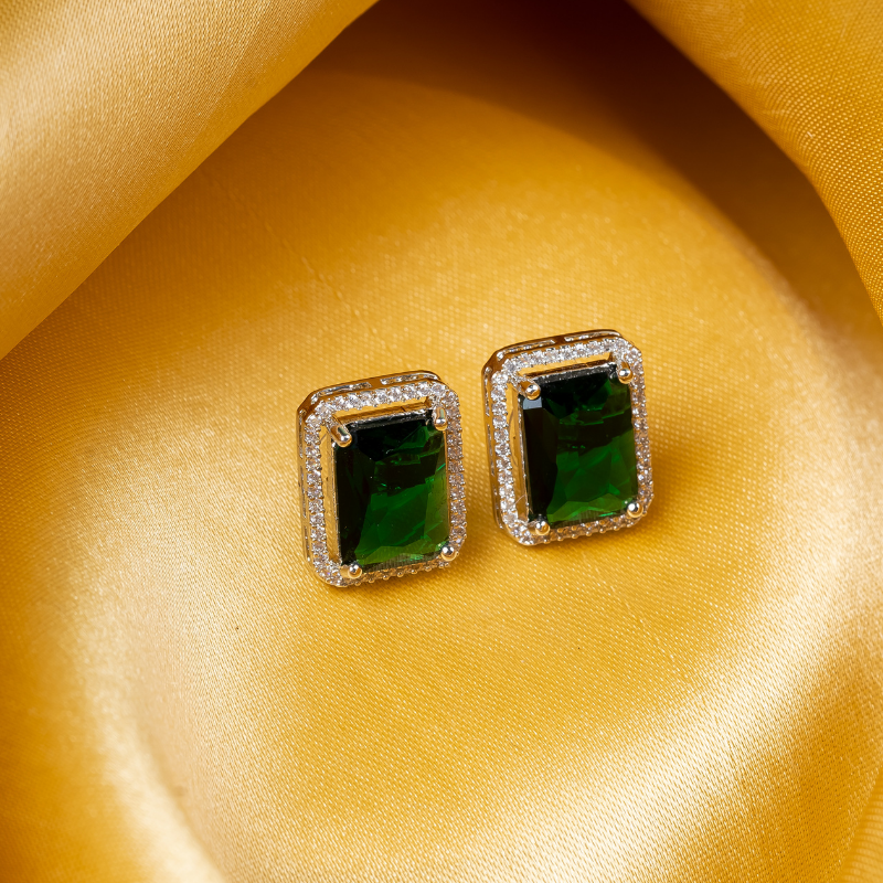 Green Rectangle American Diamond Stud Earring