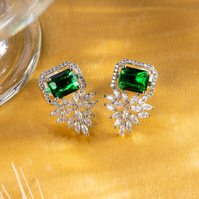 Square Marquis American Diamond Earring- Green