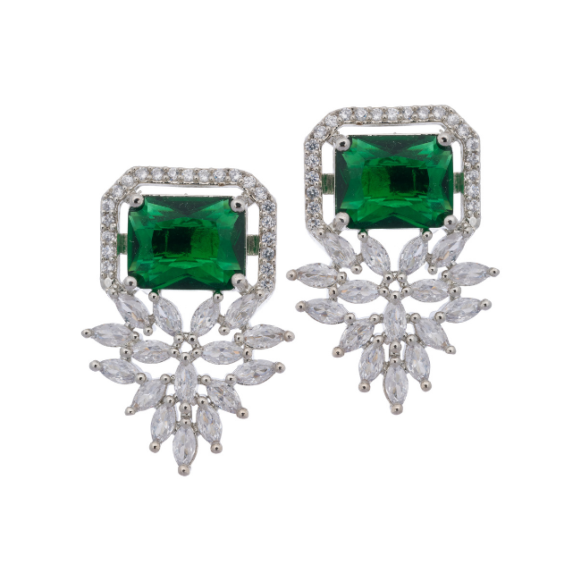 Square Marquis American Diamond Earring- Green