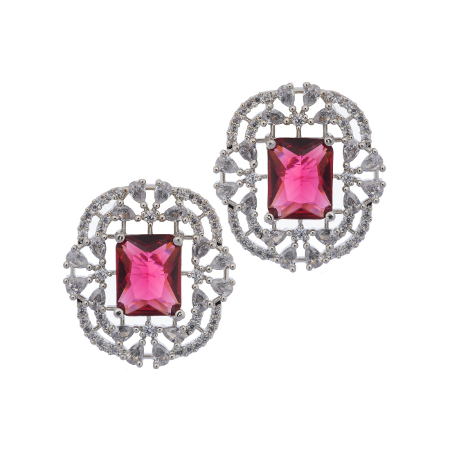 Trendy Vintage Square American Diamond Earring- Red