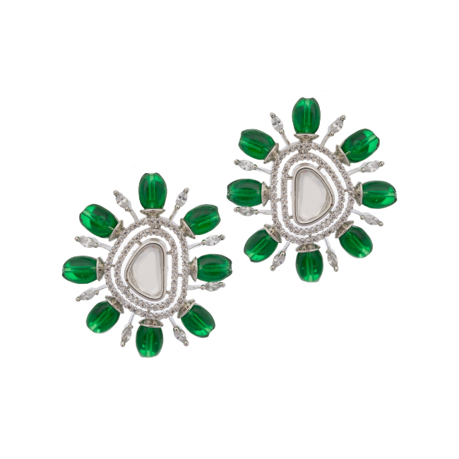 Silver Plated Green Color Stone Kundan Floral Earring