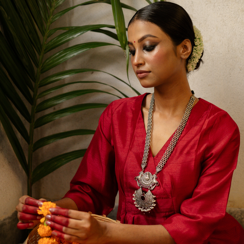 Oxidised Temple Long Necklace Set- red