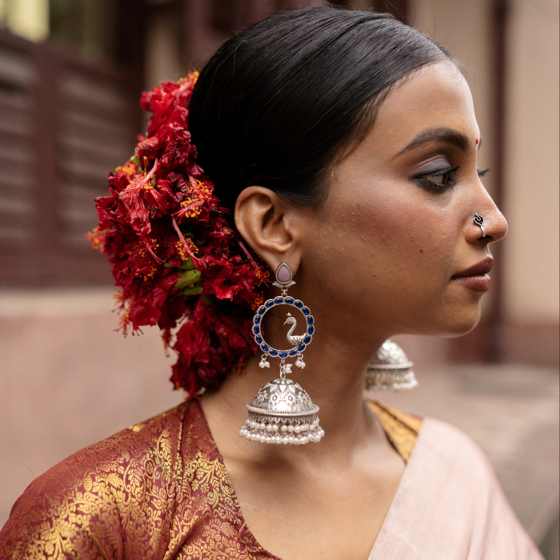 Peacock Crown Oxidised Silver Jhumka