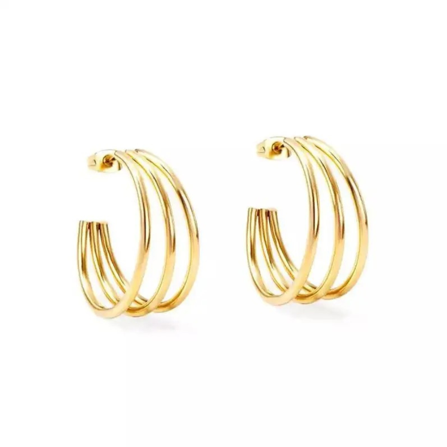 Stylish Pair of Gold Plated Triple Rings Hoop Earrings