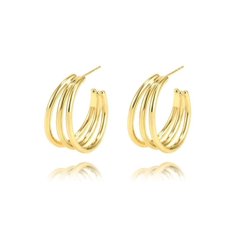 Stylish Pair of Gold Plated Triple Rings Hoop Earrings