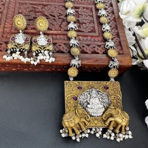 Dual Tone Laxmi & Elephant Motif Long Necklace