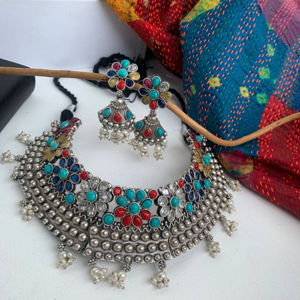 Multicolour-Statement Oxidised Necklace Set