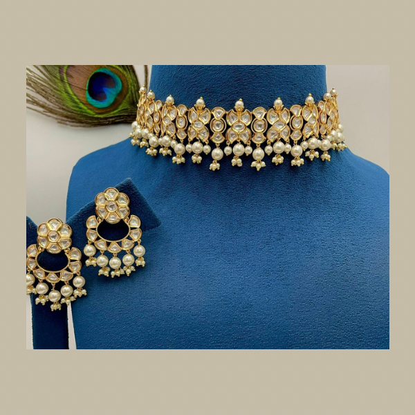 Gold Finish Kundan Polki Choker Necklace Set