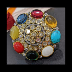 Multicoloured Navratan Gold Tone Kundan Cocktail Ring