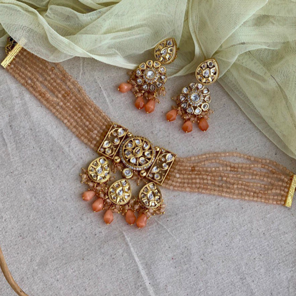 Pastel Orange Beaded Kundan Choker Necklace Set