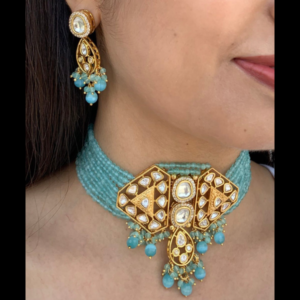 Turquoise Gold tone Kundan Choker Necklace Set