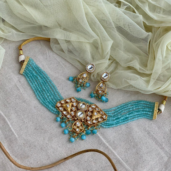 Turquoise Gold tone Kundan Choker Necklace Set