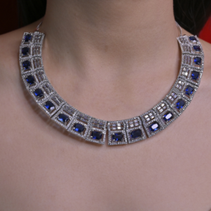 American Diamond Sapphire Blue CZ Studded Rhodium Plated Necklace