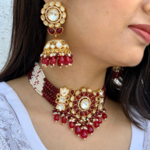 Red Beaded Kundan Choker Set With Jhumka