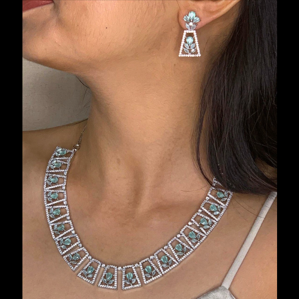 Mint Green American Diamond jewelry in Silver Finish