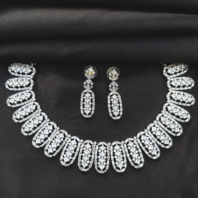 White Finish American Diamond Studded Necklace Set