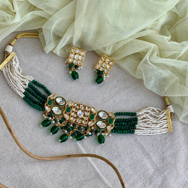 Green Kundan Beaded Necklace Set With Studs