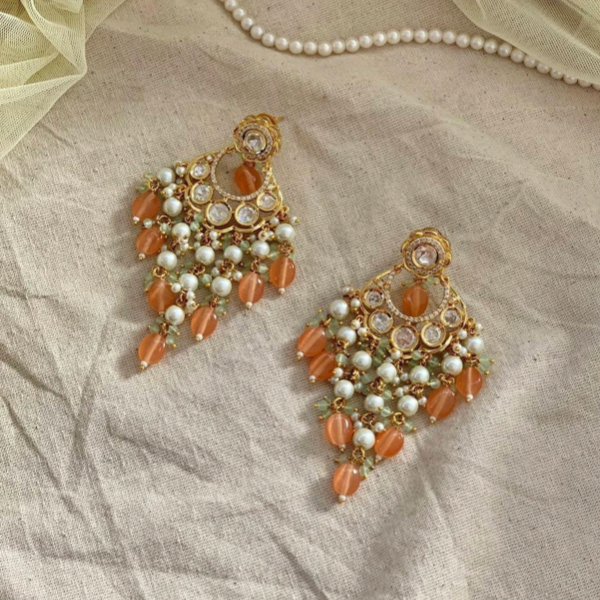 Gold Tone Kundan & Orange Chandbali Earring