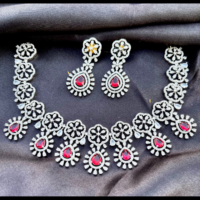 Designer American Diamond Necklace Set with Ruby Stones