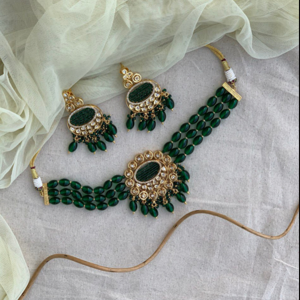 Green Beaded Kundan Choker Necklace Set