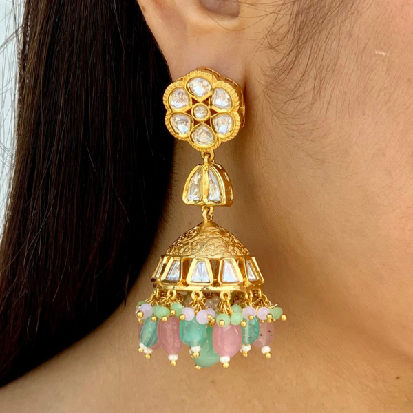 Pastel Beads Kundan Jhumka Earring