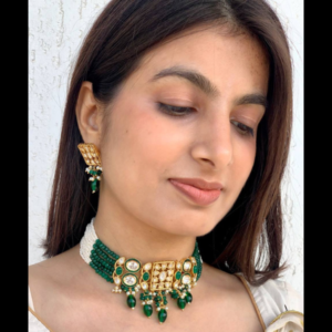 Green Kundan Beaded Necklace Set With Studs