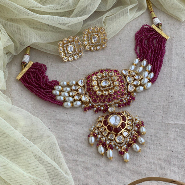 Red Pearls Kundan Beaded Necklace Set With Studs