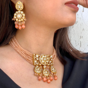 Pastel Orange Beaded Kundan Choker Necklace Set