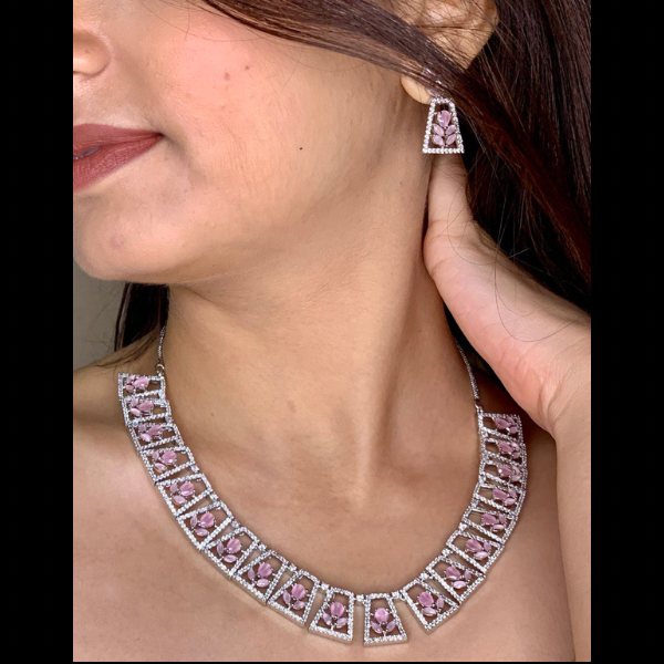 Baby Pink American Diamond jewelry in Silver Finish