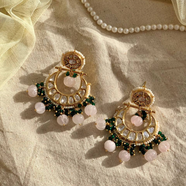 Gold Tone Kundan Chandbali-Pastel Pink