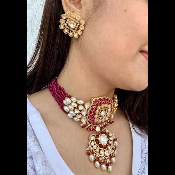 Red Pearls Kundan Beaded Necklace Set With Jhumka