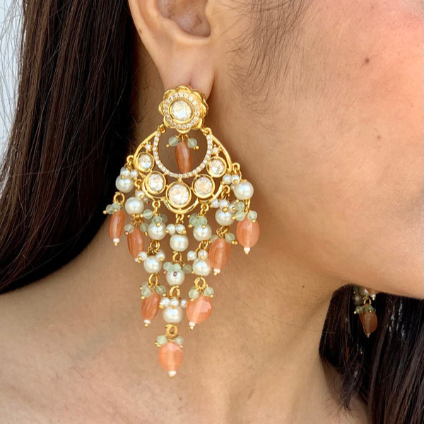 Gold Tone Kundan & Orange Chandbali Earring