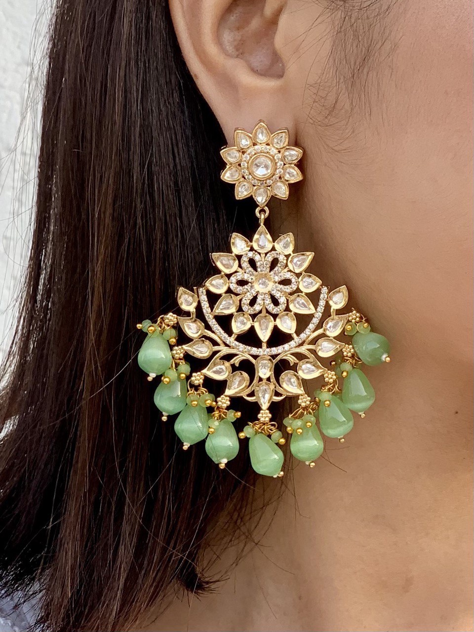 Kundan Chandbali Earring-Mint Green