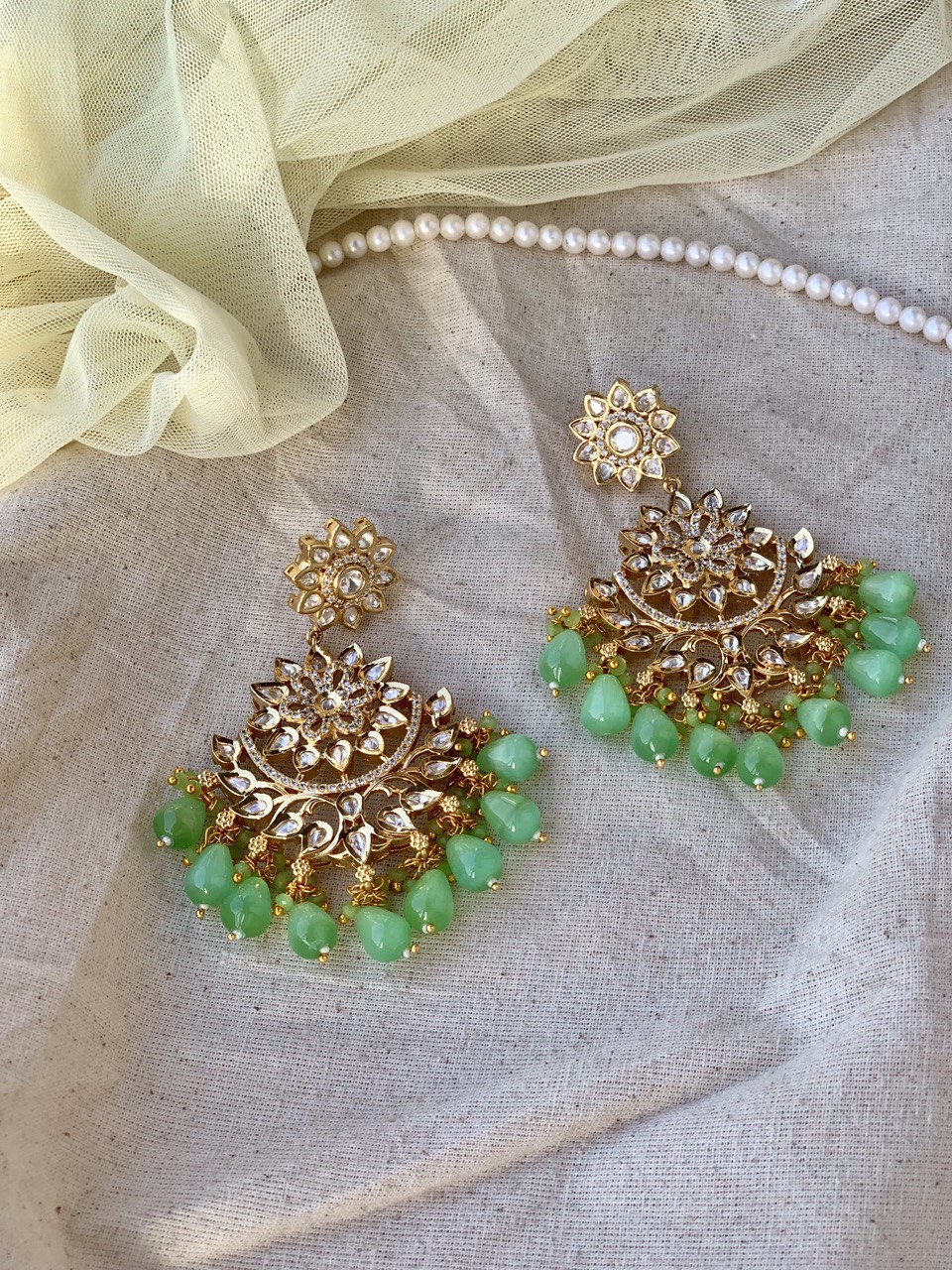 Kundan Chandbali Earring-Mint Green