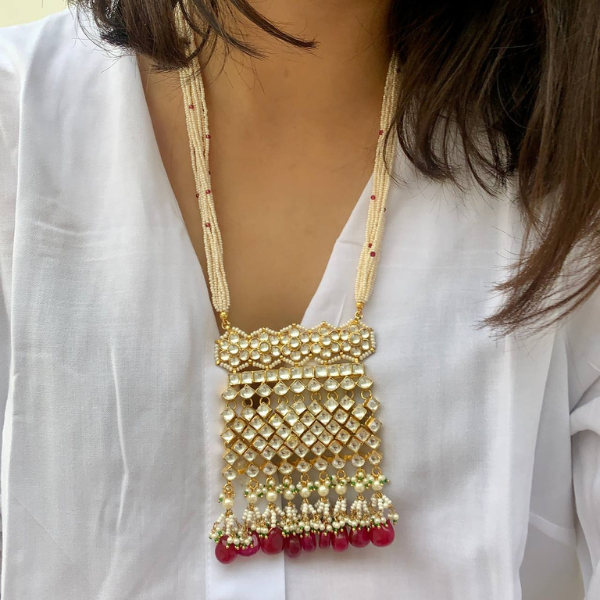 White Pearls Beads Paachi Kundan Gold Plated Ranihaar Jewellery Set