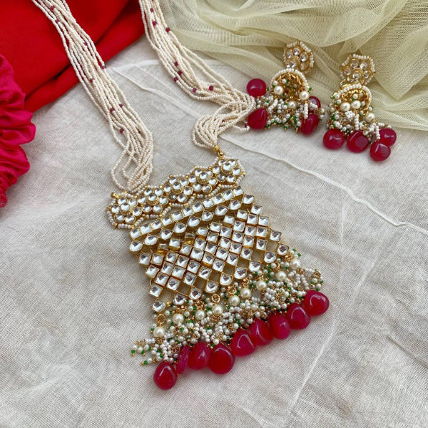 White Pearls Beads Paachi Kundan Gold Plated Ranihaar Jewellery Set