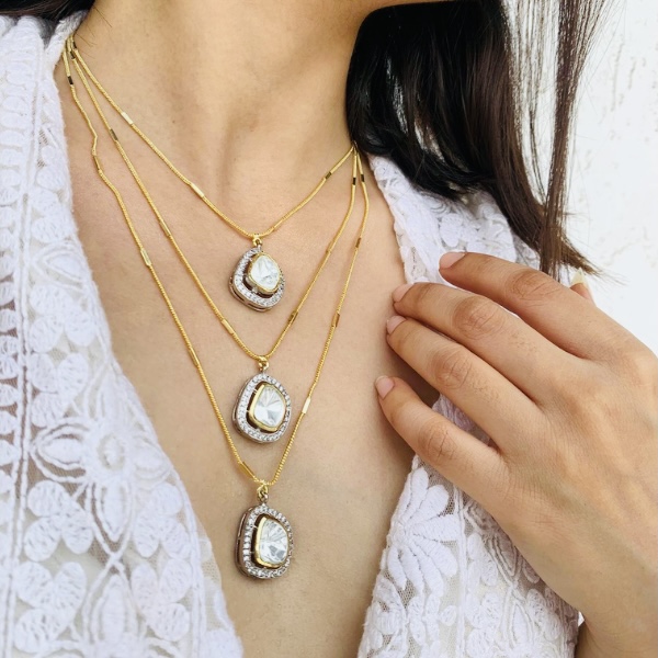 Gold Plated Uncut Kundan Three Layered Chain Necklace Set