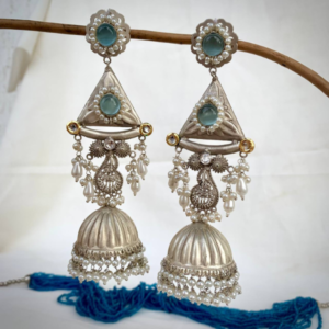 92.5 Silver Polish Sea Green Handmade Jhumka