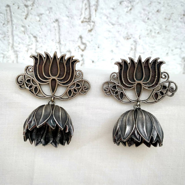 Oxidised Lotus Design Jhumka